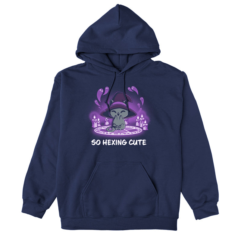 Pullover Hoodie_TeeTurtle navy blue So Hexing Cute. Featuring a cat with a witch hat sitting in the middle of a summoning pentagram.