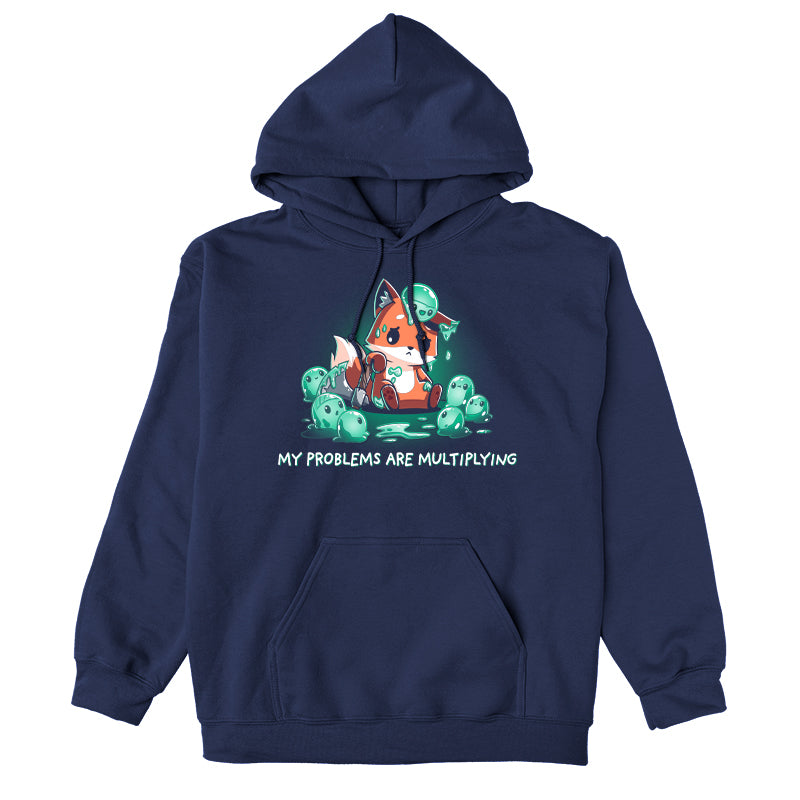 Pullover Hoodie_TeeTurtle My Problems are Multiplying navy blue design featuring a sad fox holding an axe and surrounded by fantasy green slimes that are multiplying.