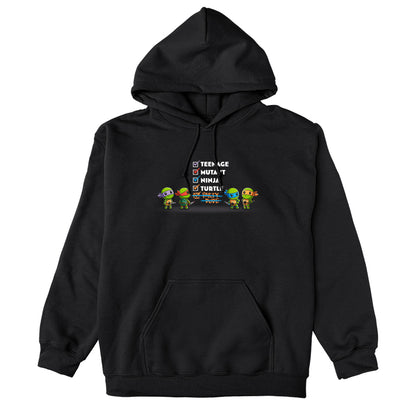 Pullover Hoodie_TeeTurtle black Teenage Mutant Ninja Turtle Checklist apparel featuring Leonardo, Raphael, Michelangelo, and Donatello standing in front of a checklist with the checked-off entries, Teenage, Mutant, Ninja, Turtle, and Party Dude, with the last crossed out.
