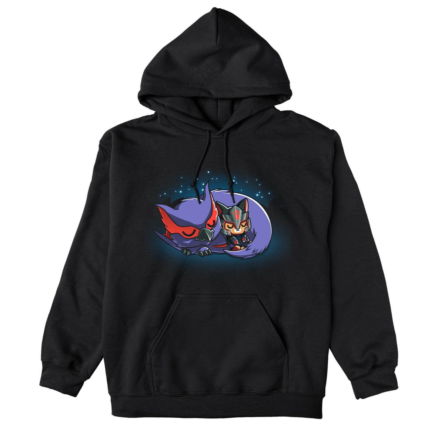 Pullover Hoodie_TeeTurtle black Nargacuga & Palico Snuggles featuring Nargacuga and a palico curled up together, and sleeping under the stars.