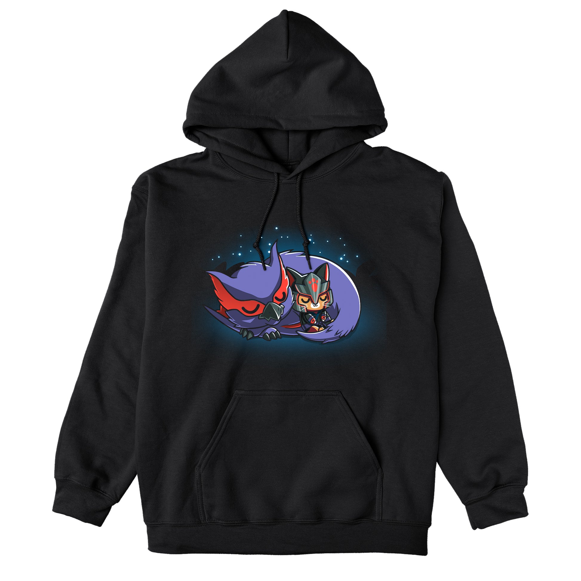 Pullover Hoodie_TeeTurtle black Nargacuga & Palico Snuggles featuring Nargacuga and a palico curled up together, and sleeping under the stars.