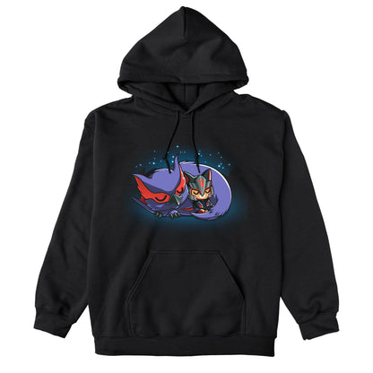 Pullover Hoodie_TeeTurtle black Nargacuga & Palico Snuggles featuring Nargacuga and a palico curled up together, and sleeping under the stars.