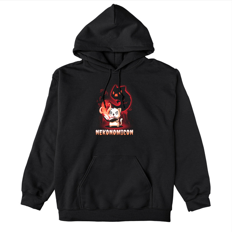 Pullover Hoodie_TeeTurtle Nekonomicon black design featuring a cat holding an open book with glowing symbols and a shadowy feline figure emerging from it. The word "Nekonomicon" is displayed at the bottom.