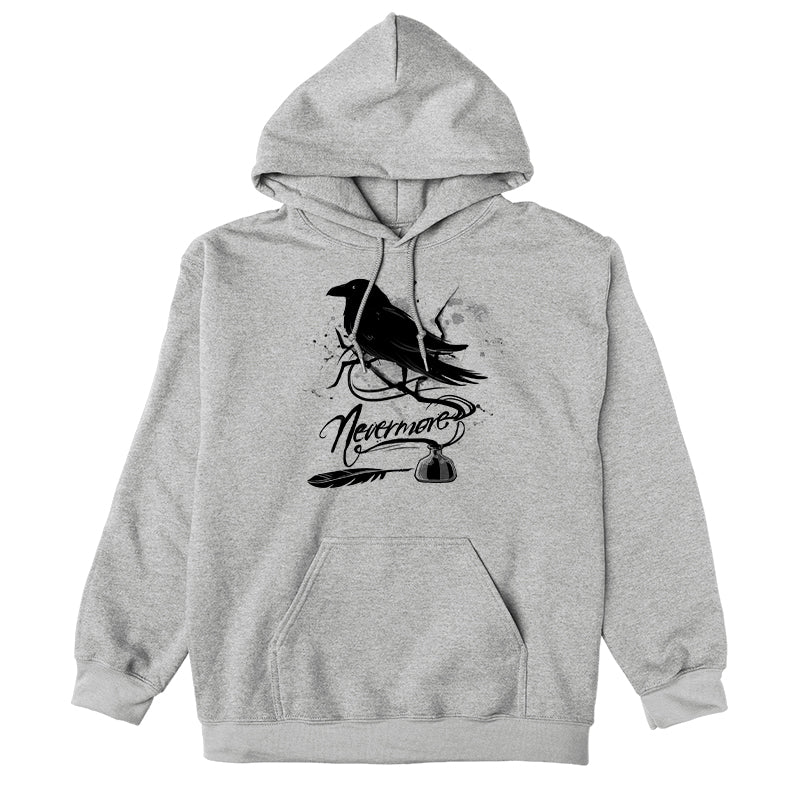 Pullover Hoodie_TeeTurtle sport gray Nevermore. Featuring a raven perched on a branch coming out of an inkwell.