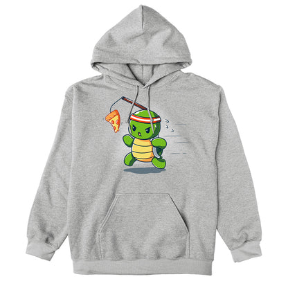 Pullover Hoodie_TeeTurtle Ninja Training heather gray design featuring a turtle chasing after a pizza slice dangling from a stick strapped to their head.