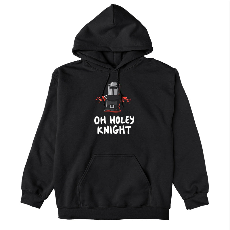 Pullover Hoodie_TeeTurtle Oh Holey Knight black design featuring a pun of a knight’s armor that has missing arms