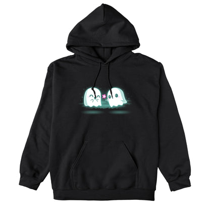 Pullover Hoodie_TeeTurtle One Boo Love black design featuring two cute kawaii ghost-like Halloween characters are glowing softly in the dark on a black apparel. One ghost is smiling with eyes closed while the other offers a pink flower.