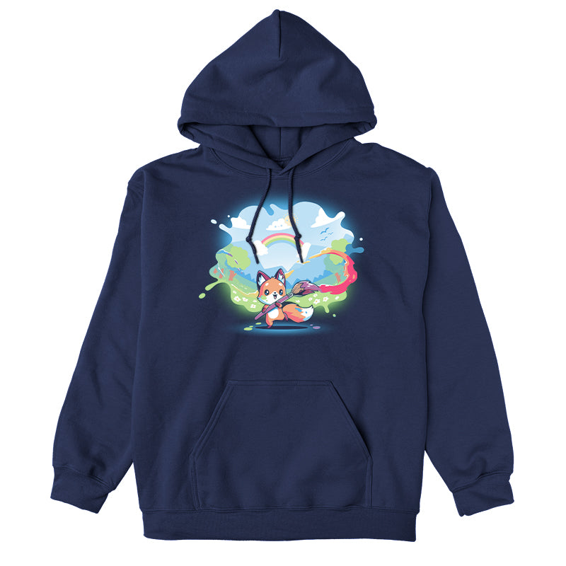 Pullover Hoodie_TeeTurtle Paint Your Own World navy blue t-shirt featuring a drawing cartoon fox who holds a paintbrush, trailing vibrant colors as it paints a lively landscape with hills, trees, a rainbow, and a bright sky.