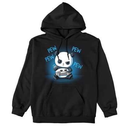 Pullover Hoodie_TeeTurtle black Pew Pew Panda. Featuring a panda playing a video game with a controller.