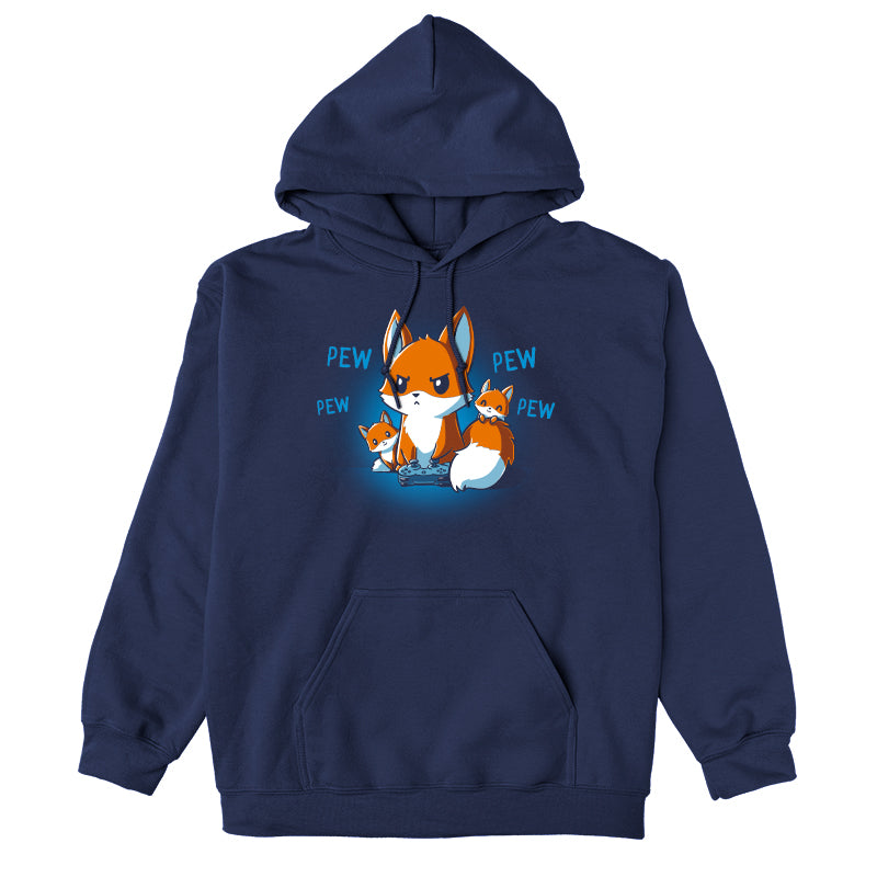 Pullover Hoodie_TeeTurtle navy blue Pew Pew Parent. Featuring a parent fox playing a video game with a controller and its kits climbing over it.