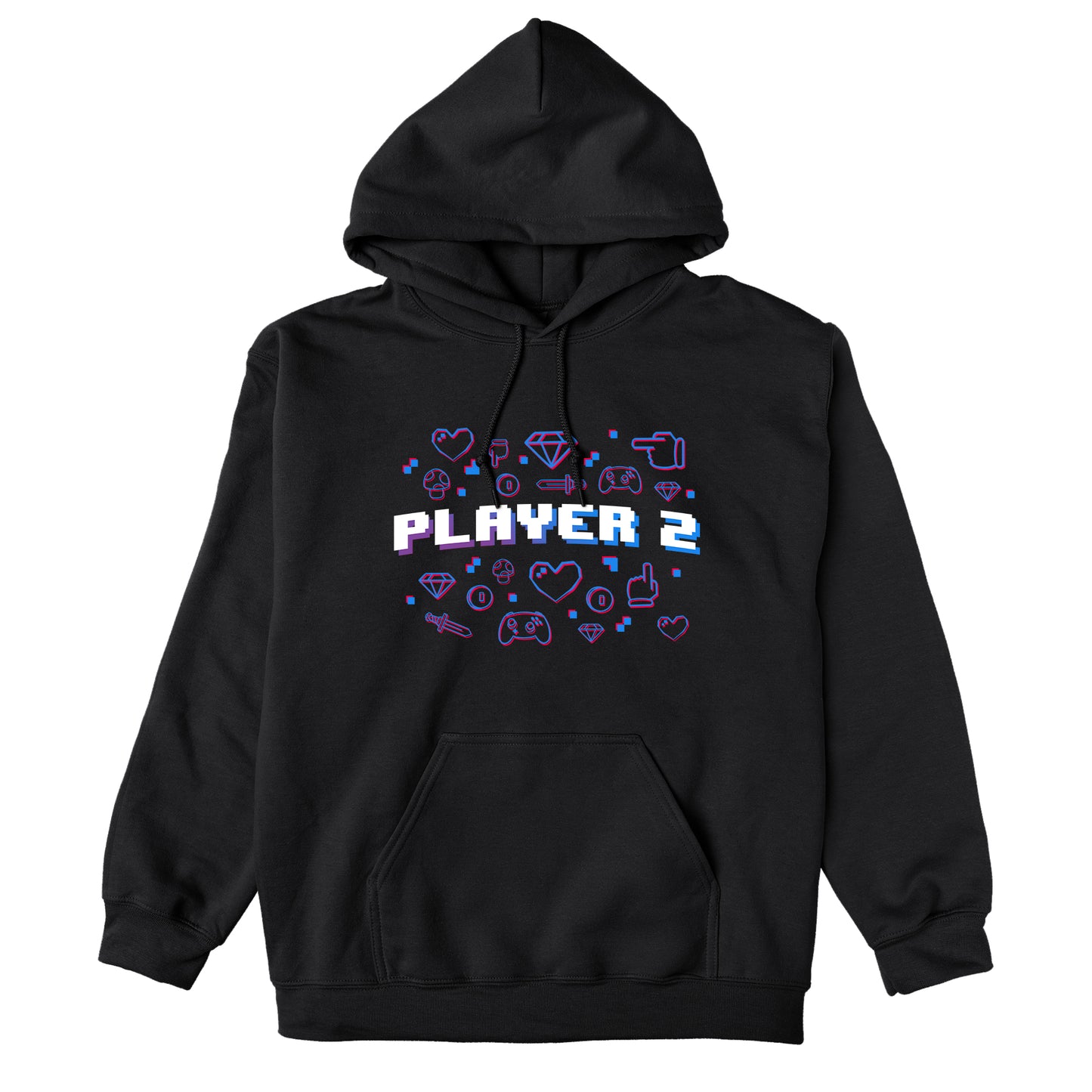 Pullover Hoodie_TeeTurtle black Player 2. Featuring the text, "Player 2" surrounded by pixel art video game elements.