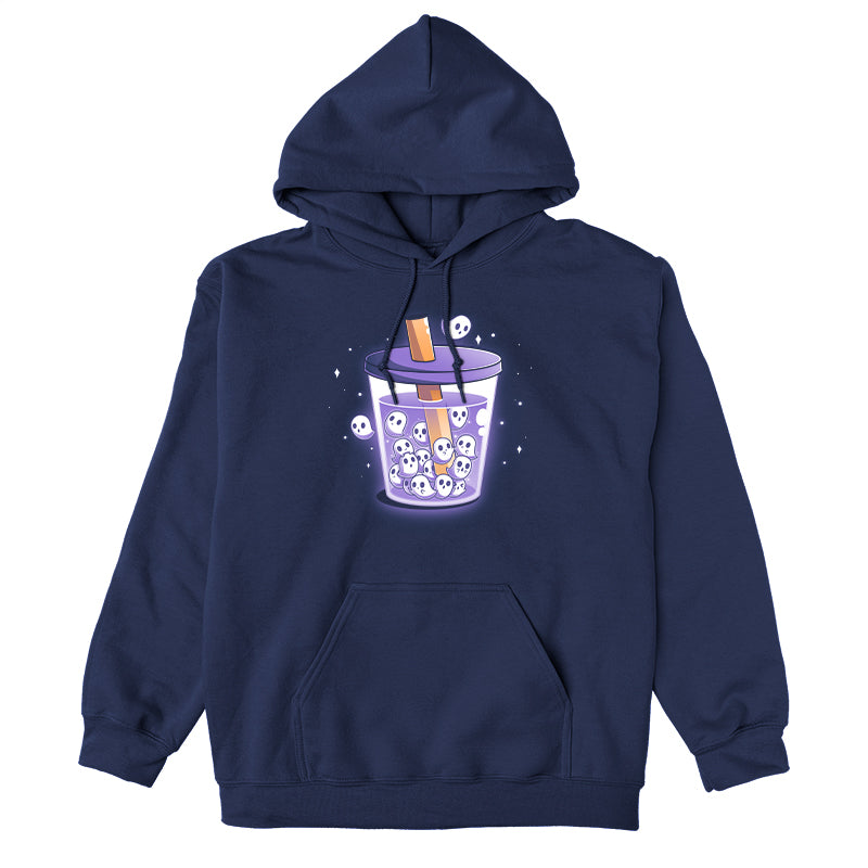 Pullover Hoodie_TeeTurtle navy blue Poltergeist Pearls apparel featuring a cup of boba tea with ghosts instead of boba pearls.