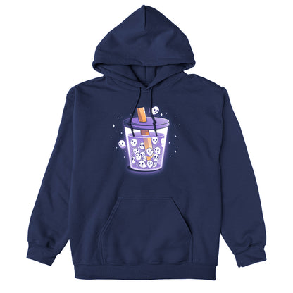 Pullover Hoodie_TeeTurtle navy blue Poltergeist Pearls apparel featuring a cup of boba tea with ghosts instead of boba pearls.