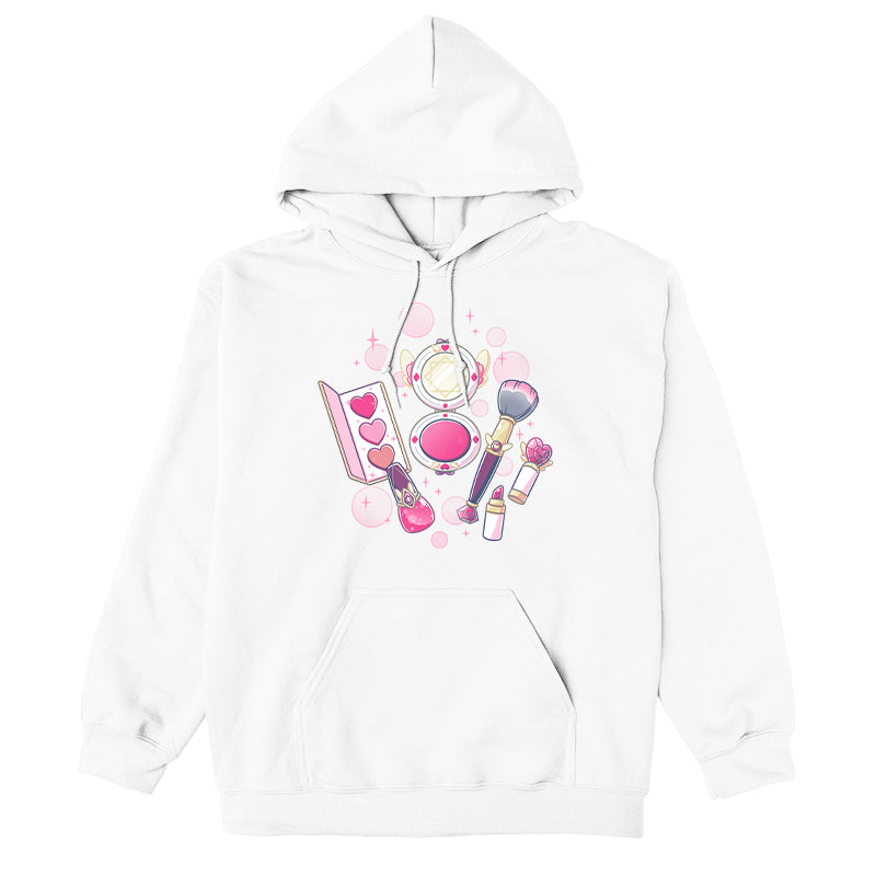 Pullover Hoodie_TeeTurtle Pretty in Pink white design featuring an illustrated mini makeup set featuring a blush brush, compact mirror, eyeshadow palette, lipstick, and nail polish, all surrounded by decorative pink sparkles and hearts in a magical set. 