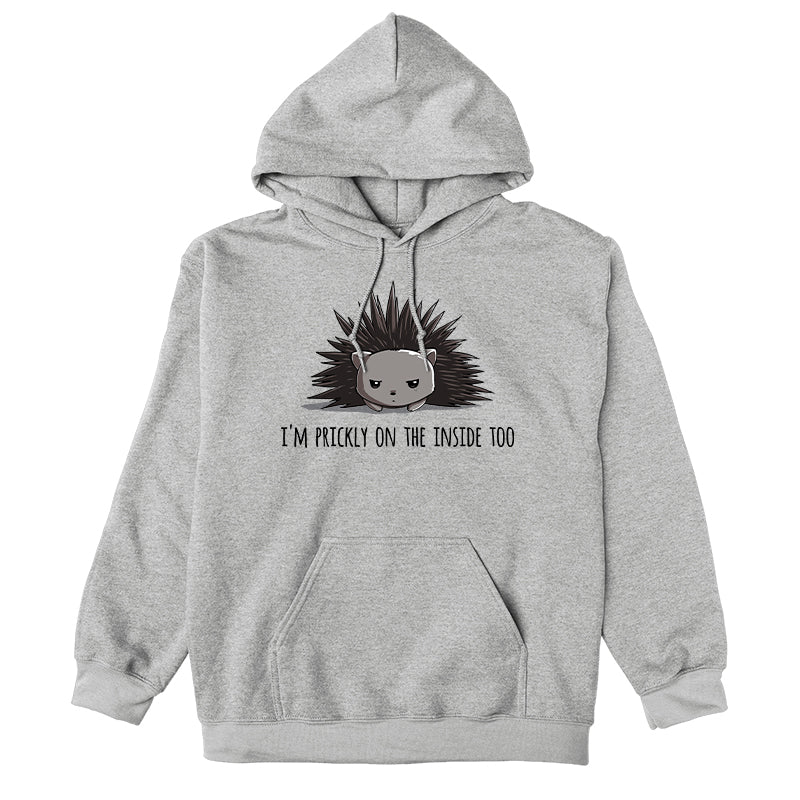 Pullover Hoodie_TeeTurtle Prickly on the Inside heather gray t-shirt featuring a grey porcupine looking slightly annoyed with the text "I'm prickly on the inside too" below in this sarcastic animal design. 