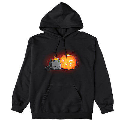 Pullover Hoodie_TeeTurtle Pumpkin Carver black t-shirt featuring a cat sleeping next to a cute Halloween jack-o-lantern