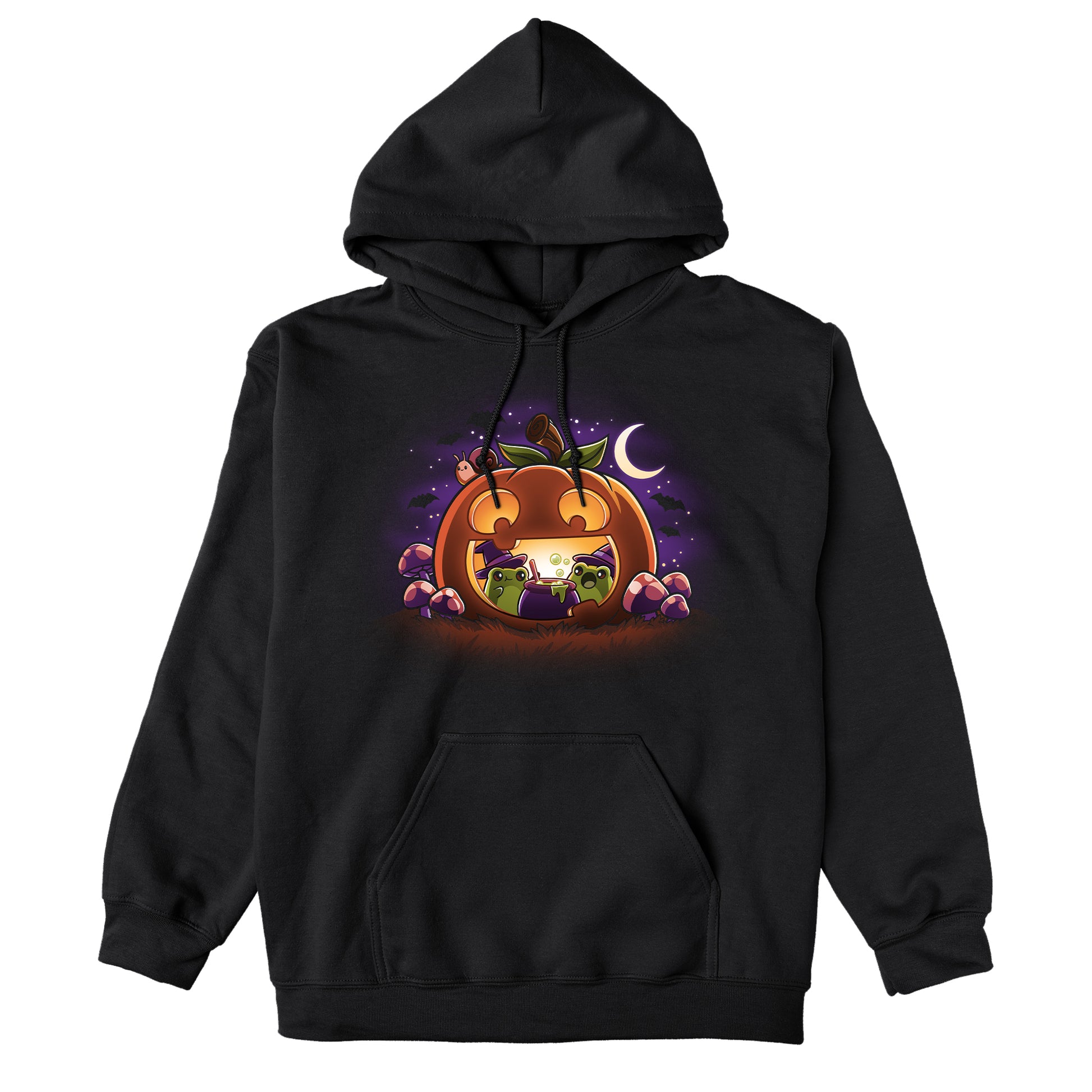 Pullover Hoodie_TeeTurtle Pumpkin Frog Witches black design featuring two frogs wearing witch hats brewing a cauldron of potion inside of a happy Halloween jack-o-lantern.