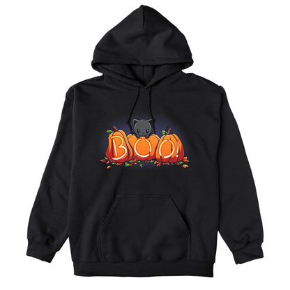 Pullover Hoodie_TeeTurtle Pumpkin Kitty black t-shirt featuring a spooky black cat sitting behind three pumpkins that spell "BOO!" with glowing letters, surrounded by scattered leaves in Halloween fall colors. 