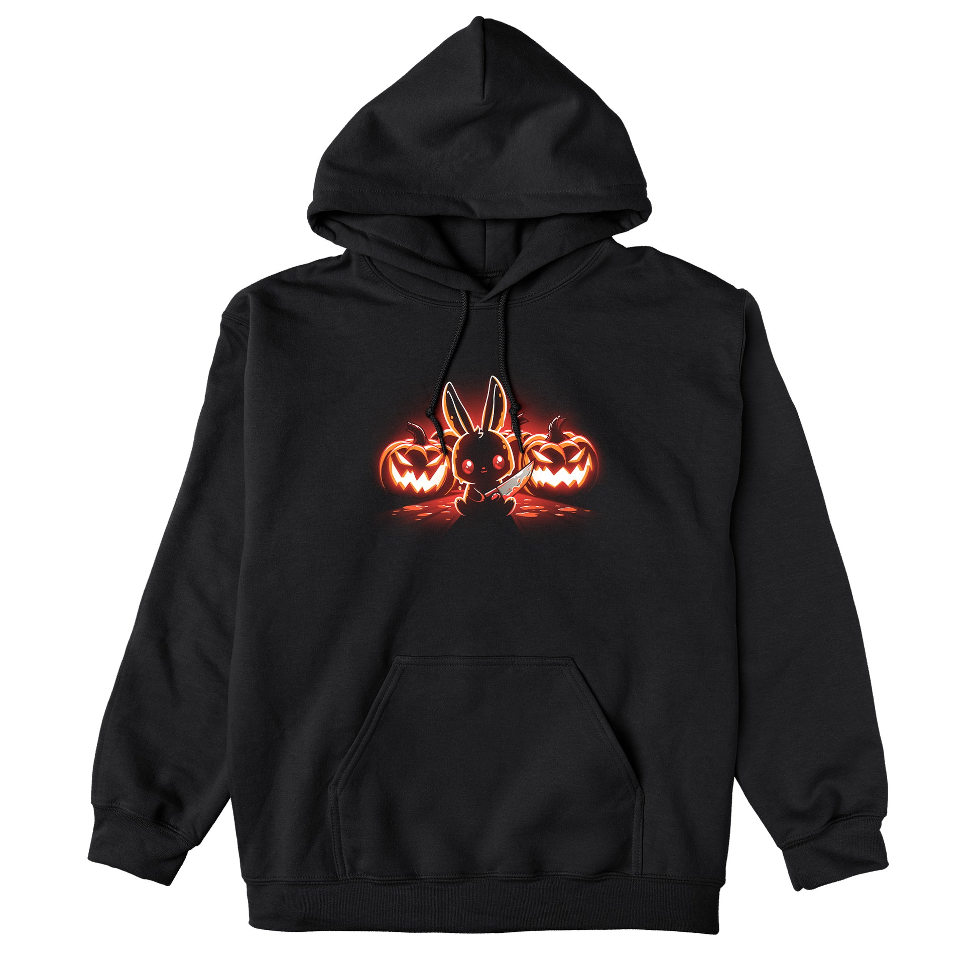 Pullover Hoodie_TeeTurtle Pumpkin Murderer black design featuring a cute bunny holding a knife sitting in front of carved jack-o'-lanterns, illuminated by a glowing red light.