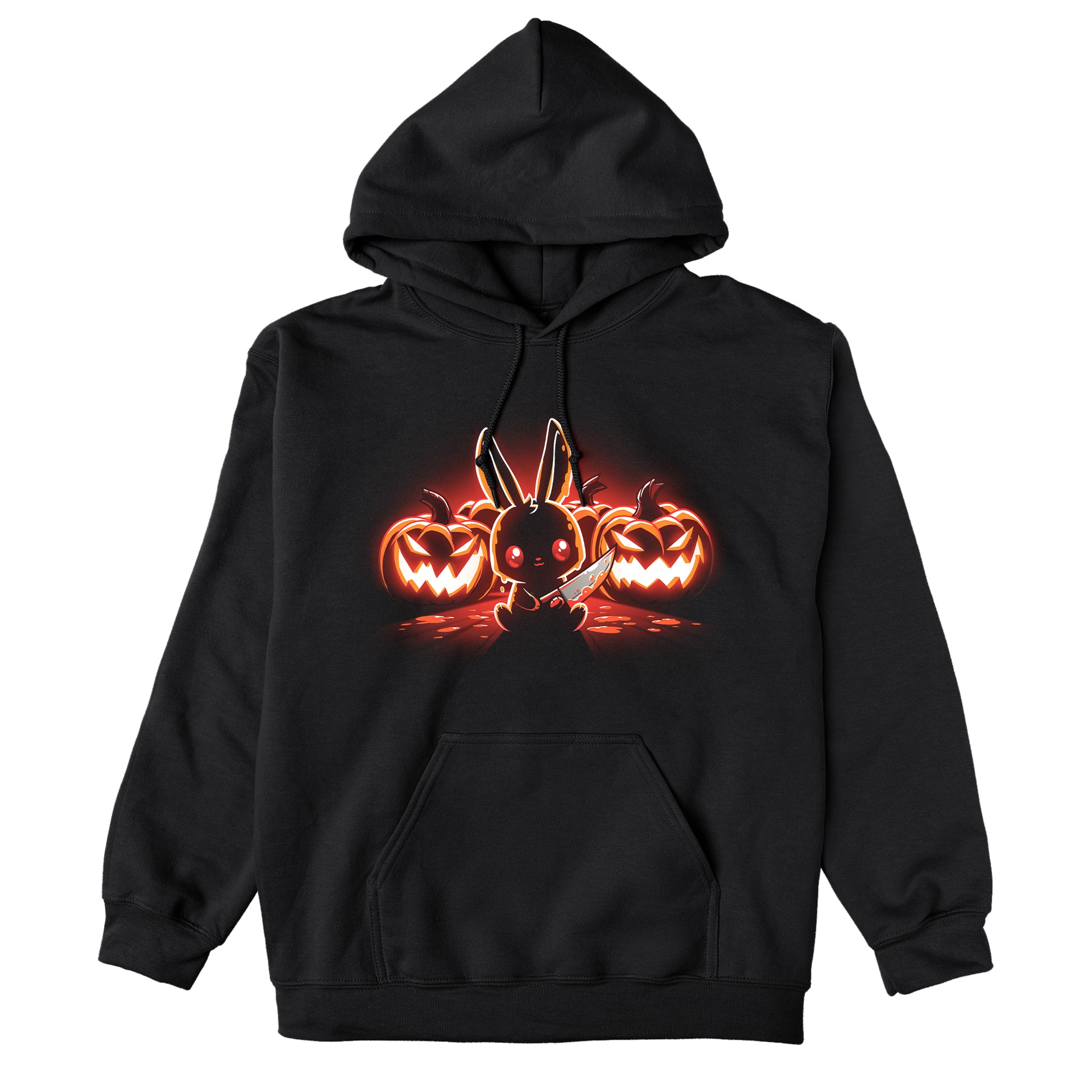 Pullover Hoodie_TeeTurtle Pumpkin Murderer black design featuring a cute bunny holding a knife sitting in front of carved jack-o'-lanterns, illuminated by a glowing red light.