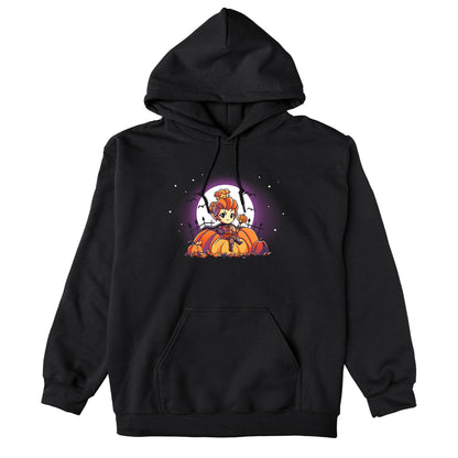 Pullover Hoodie_TeeTurtle black Pumpkin Queen. Featuring a pumpkin queen sitting among giant pumpkins.