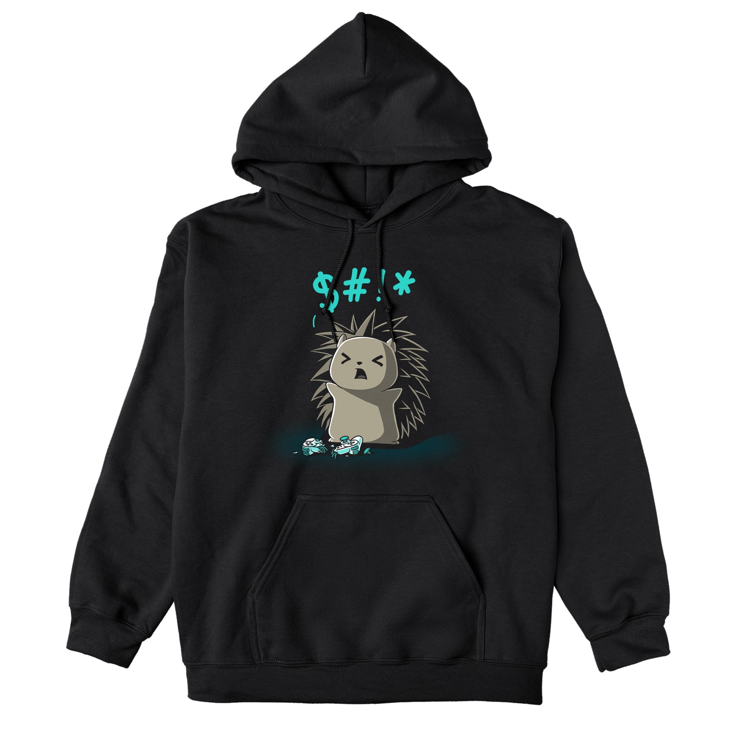 Pullover Hoodie_TeeTurtle black Ragequit. Featuring an angry hedgehog with a broken video game controller.