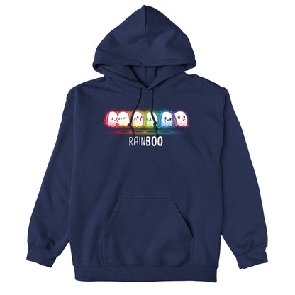 Pullover Hoodie_TeeTurtle Rainboo Navy Blue t-shirt featuring six colorful spooky pride ghosts arranged in a line, each representing a color of the rainbow. The word "RAINBOO" is below them, with the "BOO" in a different font for emphasis.