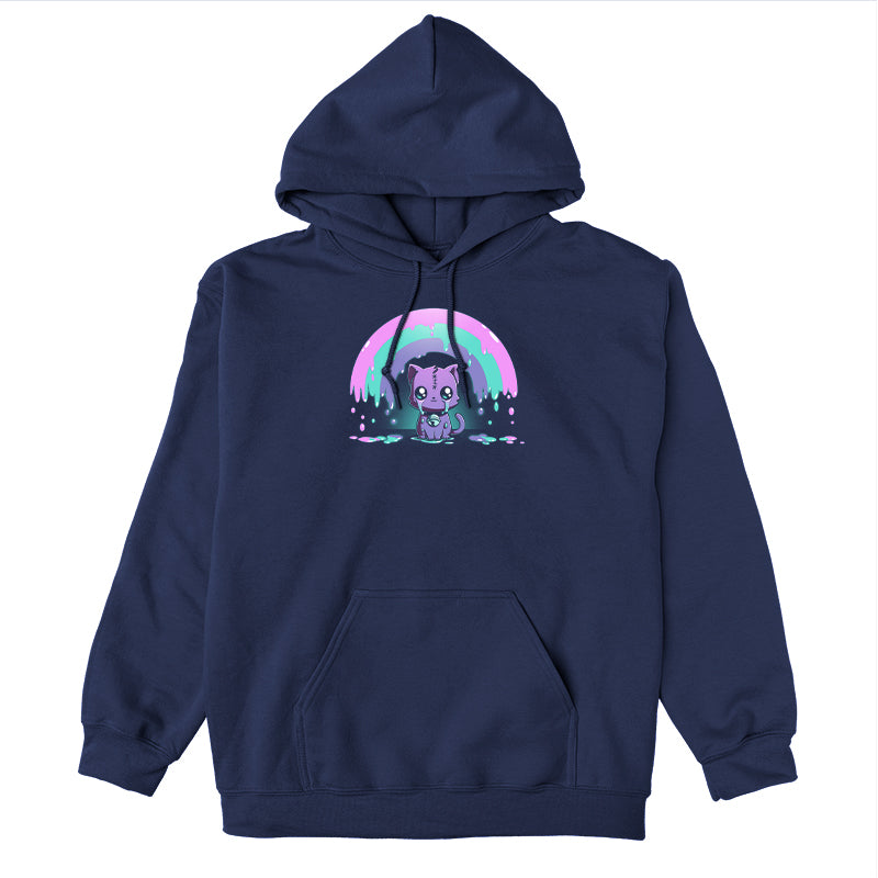 Pullover Hoodie_TeeTurtle Rainbow Crying Cat navy blue design featuring a cute purple cat with large eyes and a spooky stitched forehead, sitting under a dripping pink, green, and purple rainbow.