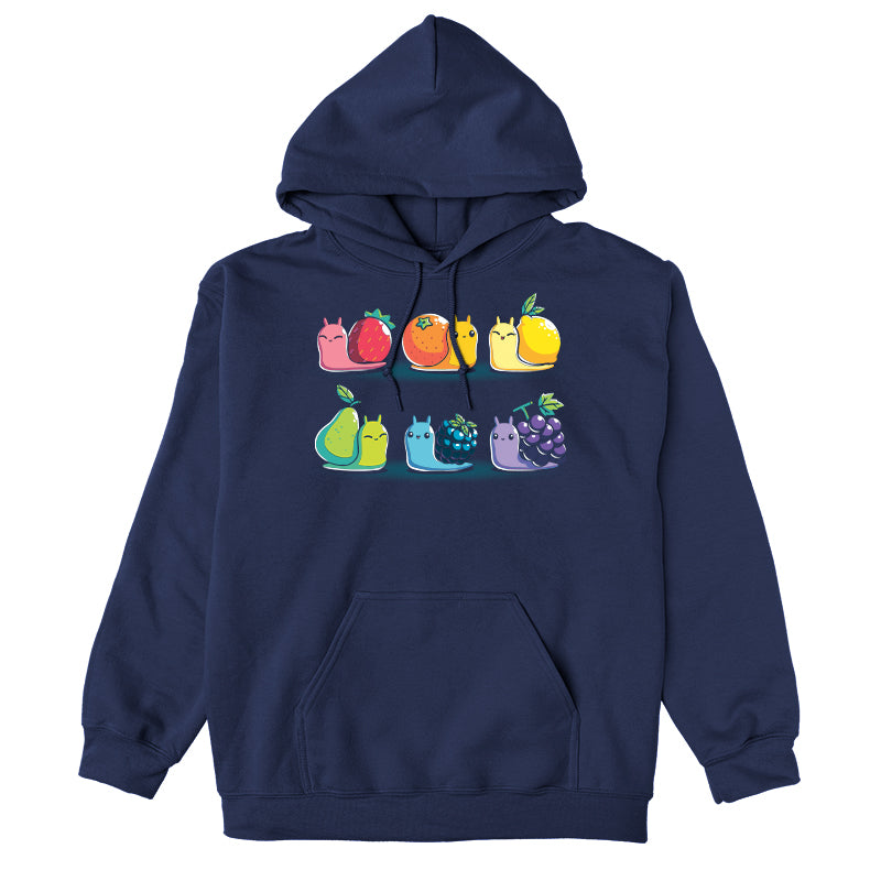 Pullover Hoodie_TeeTurtle Rainbow Fruit Snails navy blue t-shirt featuring six colorful rainbow fruit snails with fruit shells: strawberry, orange, lemon, pear, blackberry, and grape.