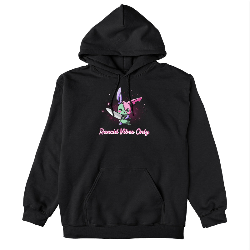 Pullover Hoodie_TeeTurtle black Rancid Vibes Only. Featuring a patchwork bunny holding a large knife.