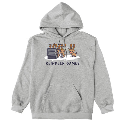 Pullover Hoodie_TeeTurtle Reindeer Games heather gray design featuring Christmas reindeer playing video games