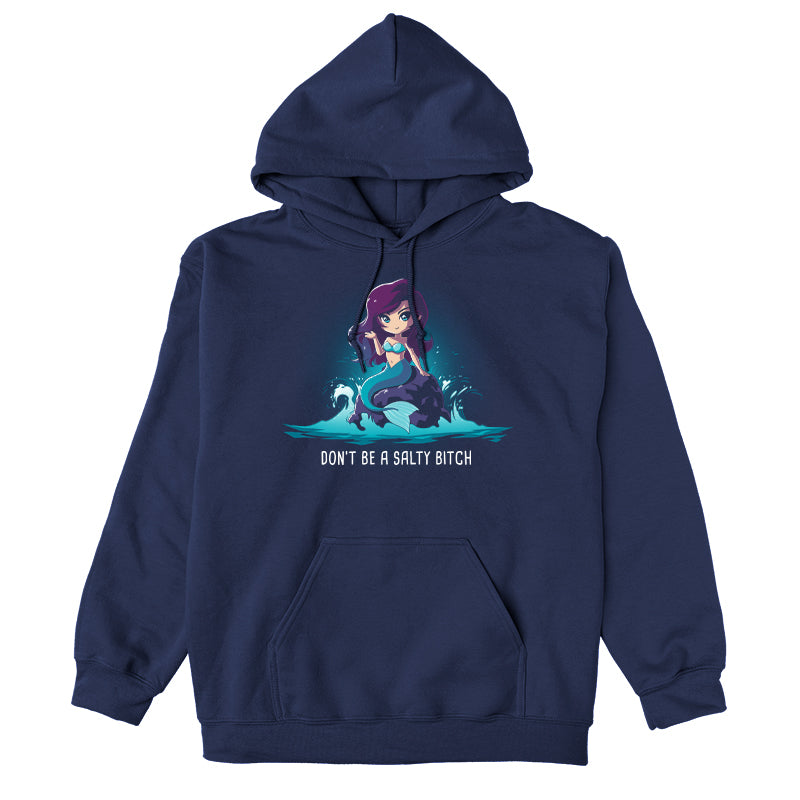 Pullover Hoodie_TeeTurtle Salty Beach navy blue t-shirt featuring a magical purple-haired mermaid with a teal tail sitting on a rock in the ocean, with the pun "Don't be a Salty Beach" at the bottom.