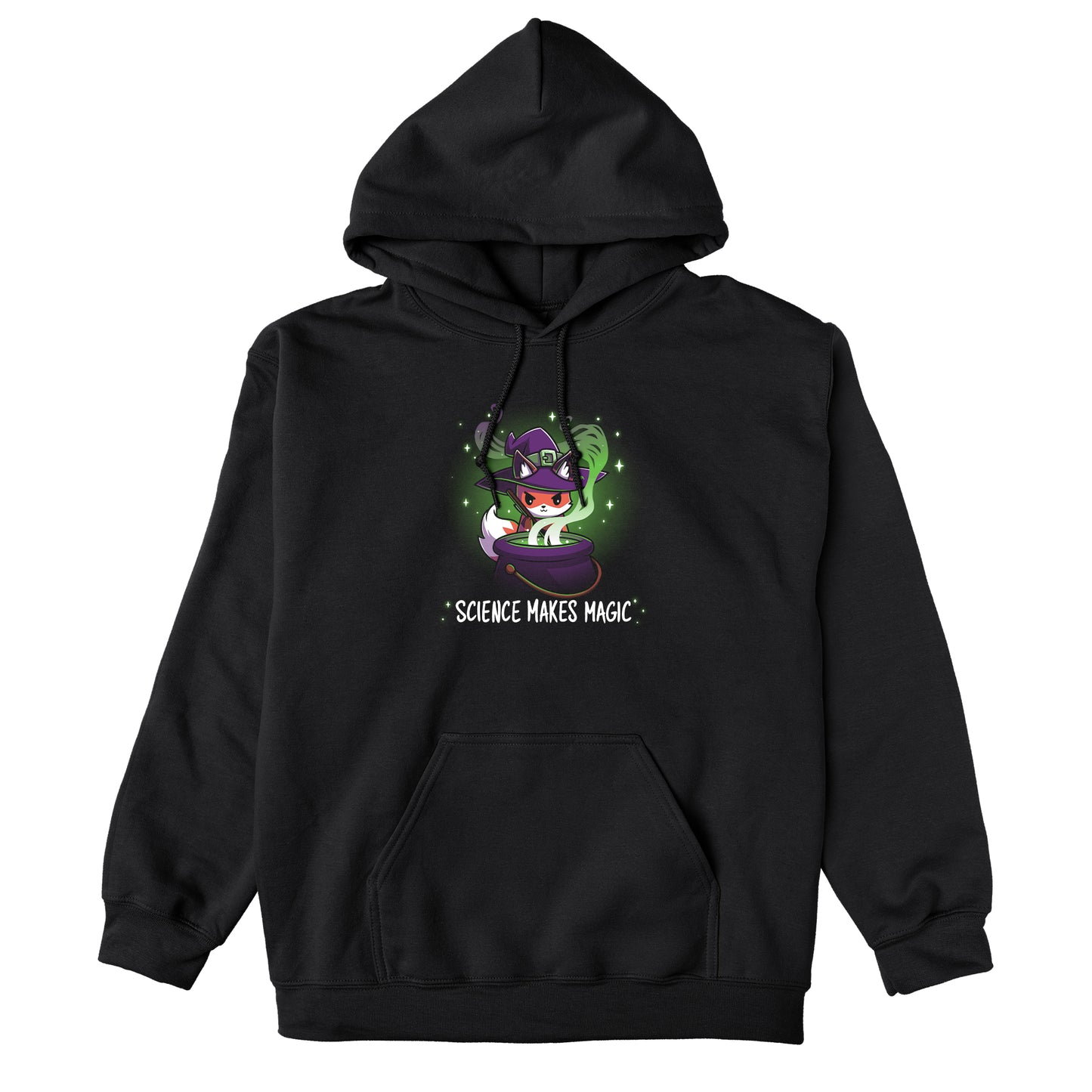 Pullover Hoodie_TeeTurtle Science Makes Magic black design featuring a fantasy fox wearing a purple witch hat, stirring a cauldron with green smoke and sparkles rising. Text below reads, "SCIENCE MAKES MAGIC."