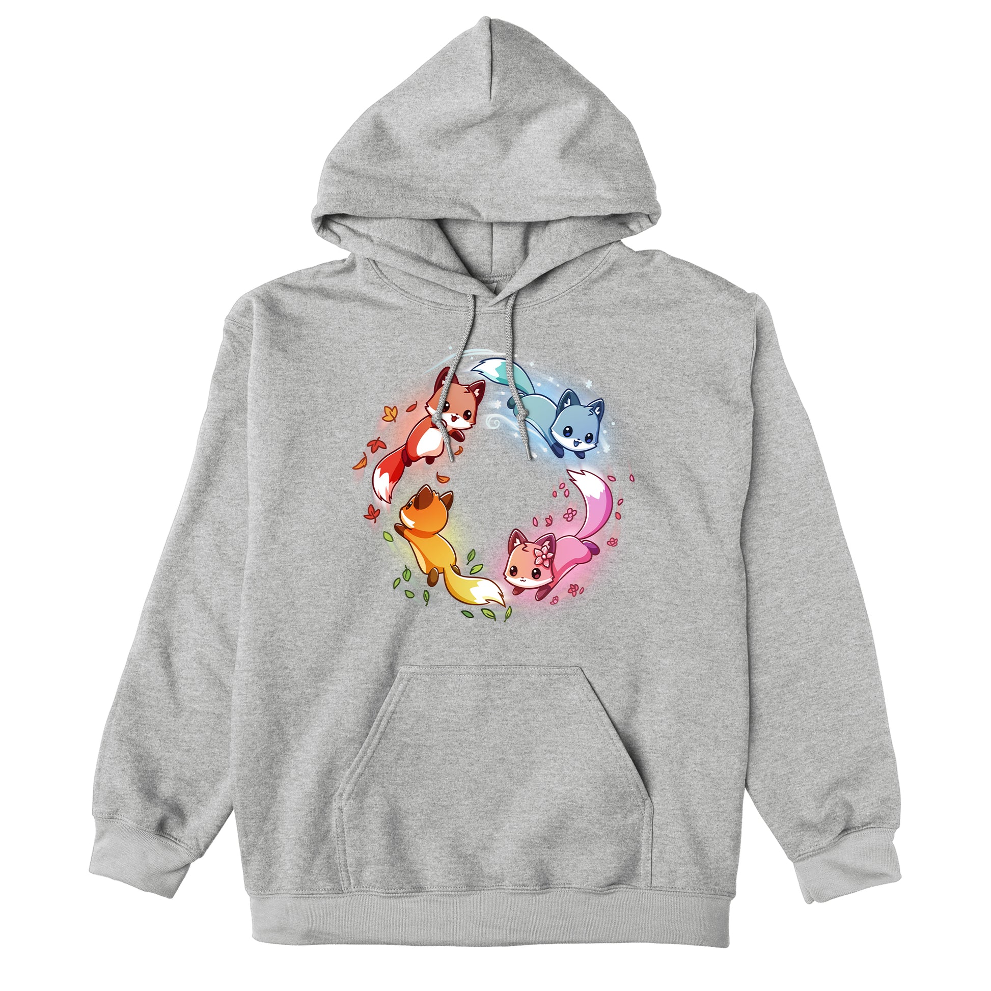 Pullover Hoodie_TeeTurtle heather gray Seasonal Foxes apparel featuring a pink spring fox, gold summer fox, orange autumn fox, and blue winter fox chasing each other in a circle.