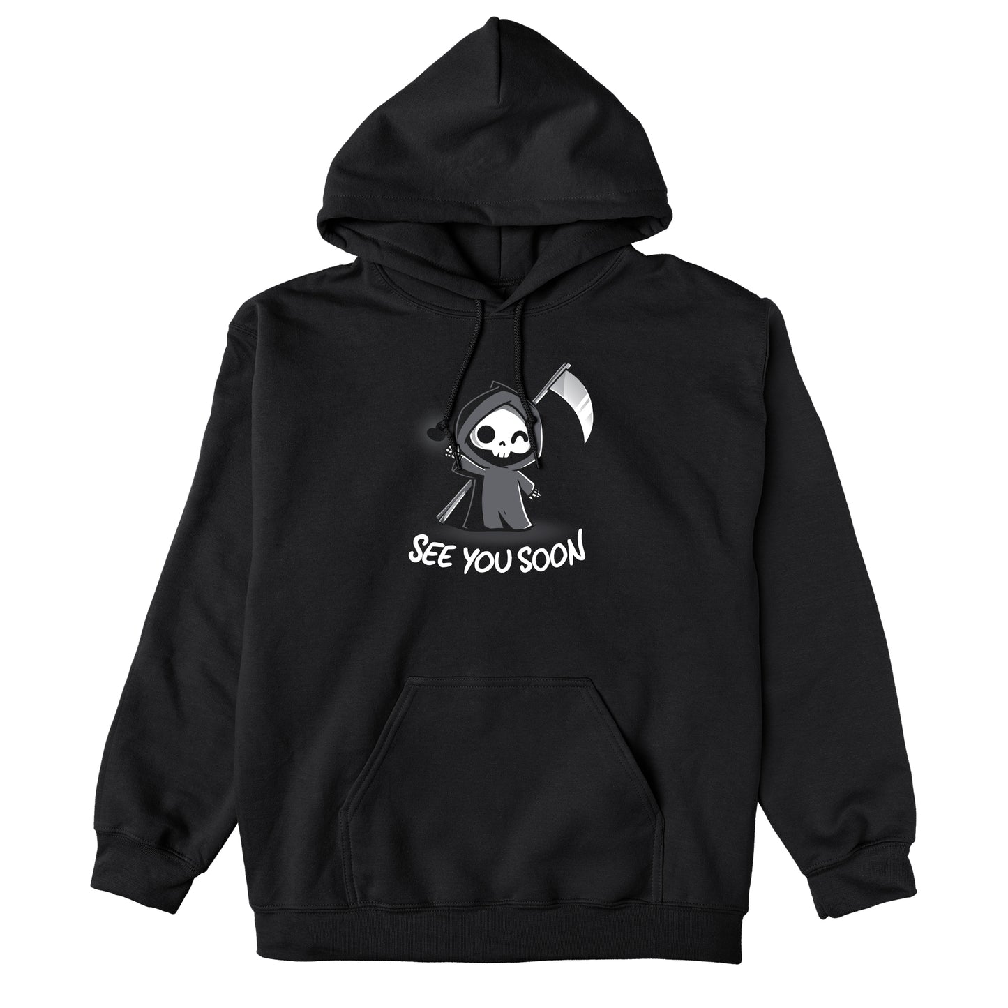 Pullover Hoodie_TeeTurtle See You Soon black design featuring a spooky cartoon Grim Reaper holding a scythe, waving, and a floating black heart next to it, with the text below that says in dark humor "SEE YOU SOON". 