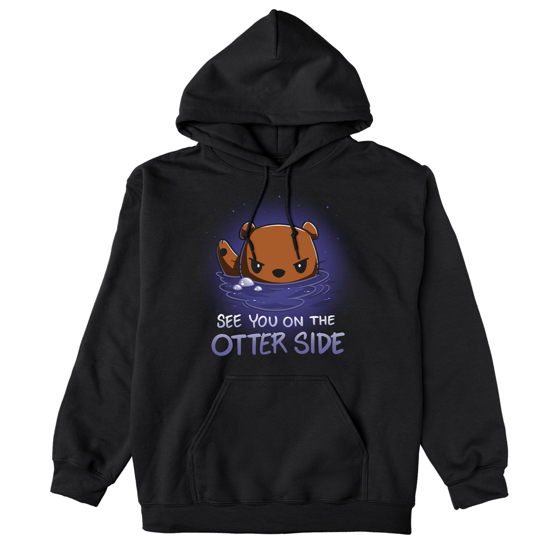 Pullover Hoodie_TeeTurtle See you on the Otter Side black t-shirt featuring sarcastic cartoon otter with a serious expression partially submerged in water with bubbles around.