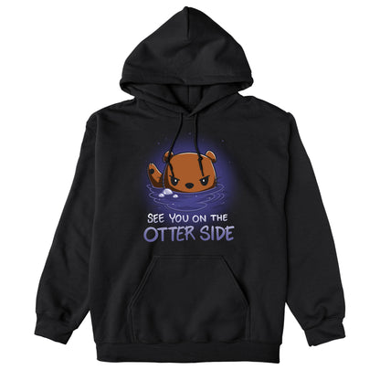 Pullover Hoodie_TeeTurtle See you on the Otter Side black t-shirt featuring sarcastic cartoon otter with a serious expression partially submerged in water with bubbles around.