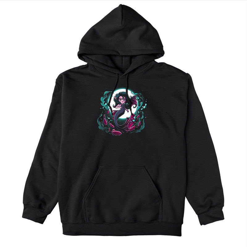 Pullover Hoodie_TeeTurtle Shadow Siren black design featuring a dark and dangerous mermaid in front of a full moon with fish and seaweed around her.