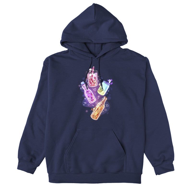 Pullover Hoodie_TeeTurtle navy blue Soda Popolotls apparel featuring small colorful axolotls swimming among various soda drinks that come in a glass, bottle, and can.