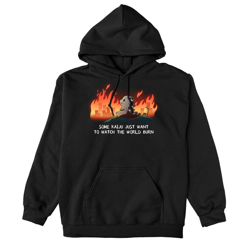 Pullover Hoodie_TeeTurtle black Some Kaiju Just Want to Watch the World Burn apparel featuring a happy Godzilla sitting on a hill watching a burning city in the distance, and the caption, “Some Kaiju Just Want to Watch the World Burn“.