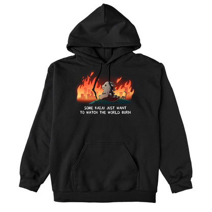 Pullover Hoodie_TeeTurtle black Some Kaiju Just Want to Watch the World Burn apparel featuring a happy Godzilla sitting on a hill watching a burning city in the distance, and the caption, “Some Kaiju Just Want to Watch the World Burn“.