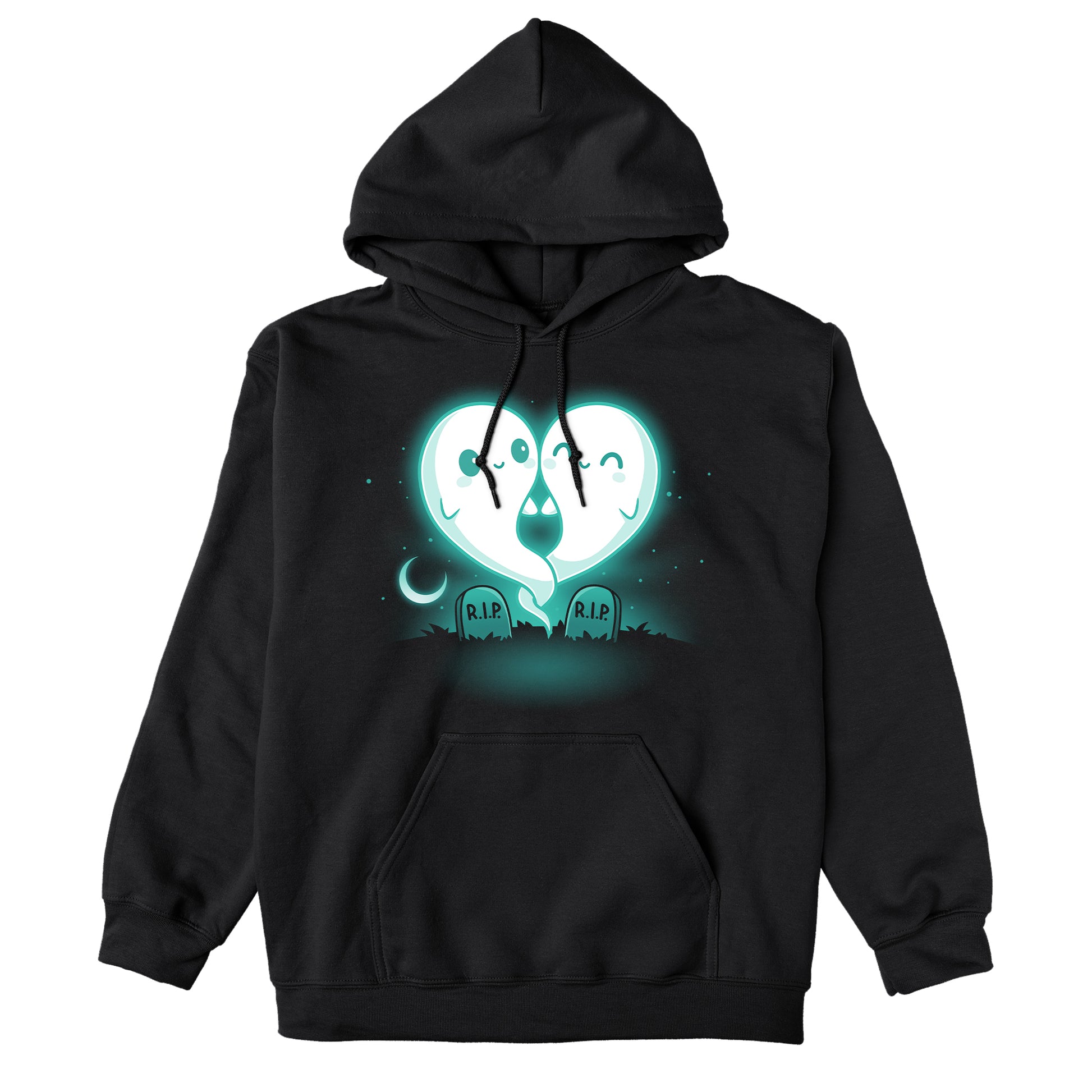 Pullover Hoodie_TeeTurtle Soulmates black design featuring two glowing ghost figures, forming a heart shape, float above two gravestones that read "R.I.P."