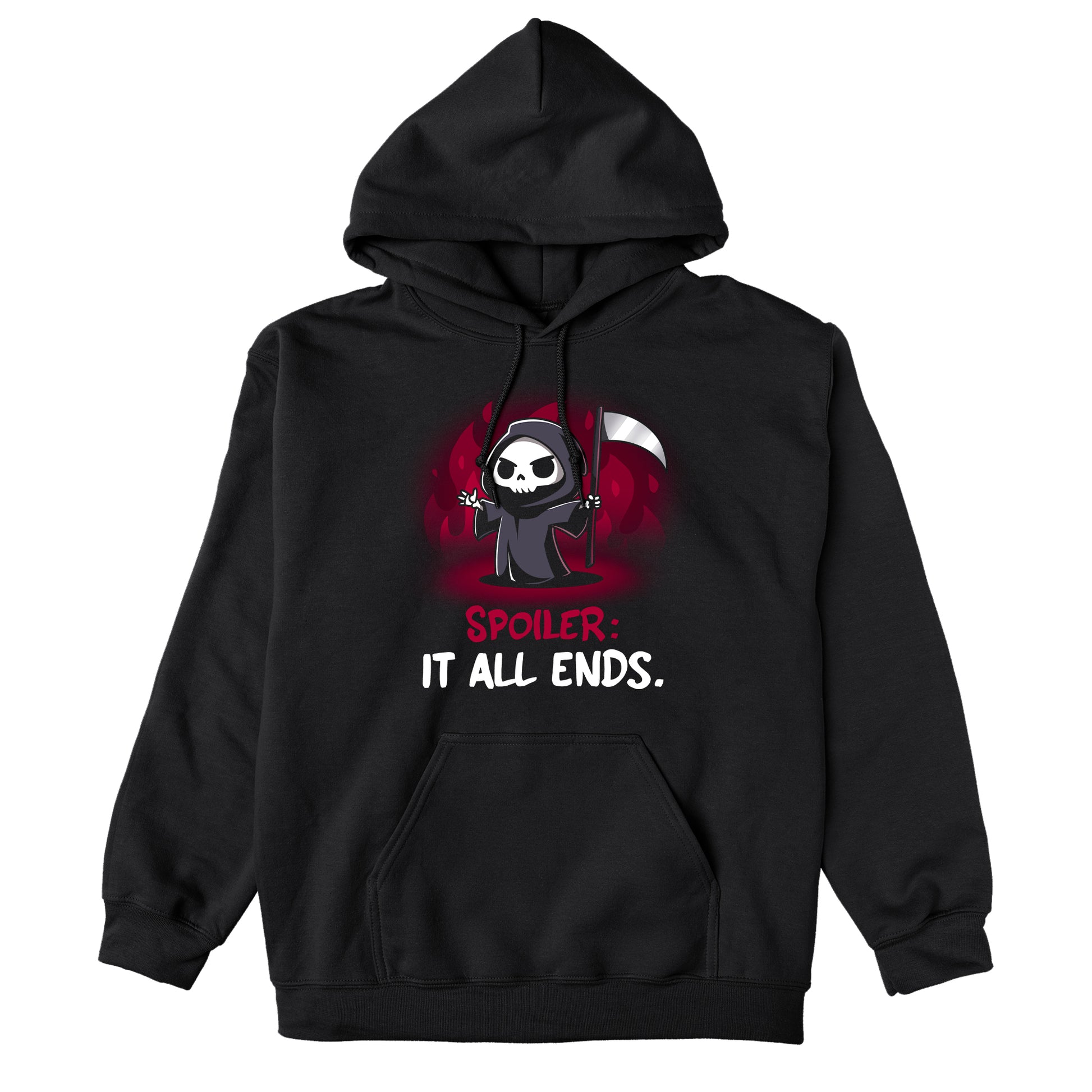 Pullover Hoodie_TeeTurtle Spoiler: It All Ends. black design featuring a dark and dangerous Grim Reaper in front of red flames.