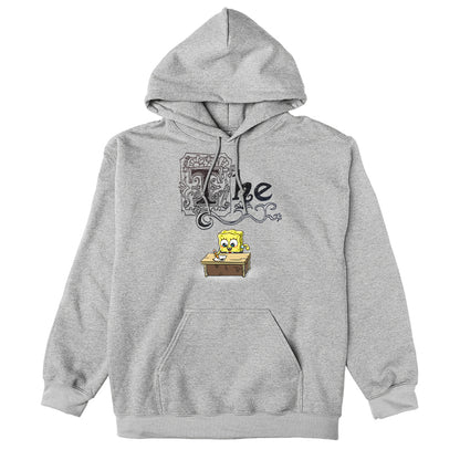 Pullover Hoodie_TeeTurtle heather gray SpongeBob's Essay apparel featuring SpongeBob sitting at a desk with a pencil writing his essay, with the word, “The” decorated with many flourishes on top.