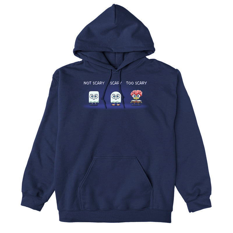 Pullover Hoodie_TeeTurtle navy blue SpongeBob Scariness Range apparel featuring SpongeBob SquarePants in the Halloween costumes of: a sheet ghost with a square outline with the caption, “Not Scary“, a sheet ghost with a rounded outline with the caption, “Scary“, and missing some parts of his head so that his brain is exposed with the caption, “Too Scary“.