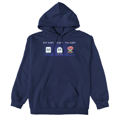 Pullover Hoodie_TeeTurtle navy blue SpongeBob Scariness Range apparel featuring SpongeBob SquarePants in the Halloween costumes of: a sheet ghost with a square outline with the caption, “Not Scary“, a sheet ghost with a rounded outline with the caption, “Scary“, and missing some parts of his head so that his brain is exposed with the caption, “Too Scary“.
