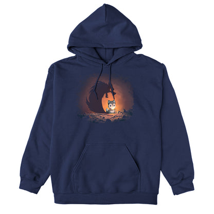 Pullover Hoodie_TeeTurtle navy blue Spooky Shadow apparel featuring a wolf holding a candle with a shadow of a werewolf with its jaws open.