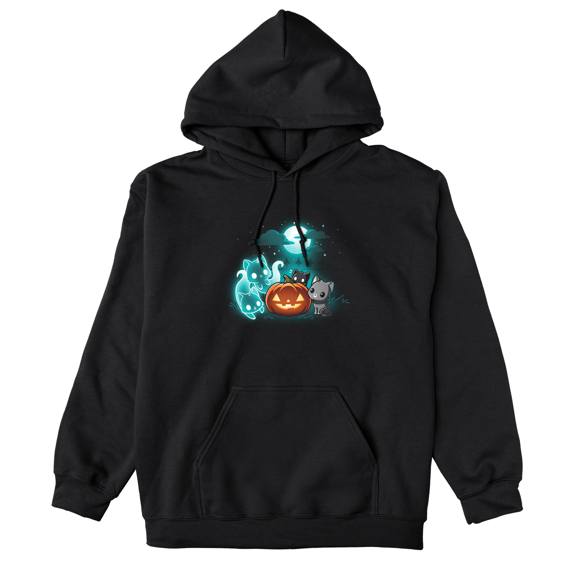 Pullover Hoodie_TeeTurtle Spurrits of Halloween black design featuring two dark and dangerous ghost cats next to two grey cats watching them. They are surrounding a jack-o-lantern and there is a full moon with clouds behind them.