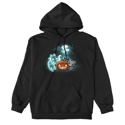 Pullover Hoodie_TeeTurtle Spurrits of Halloween black design featuring two dark and dangerous ghost cats next to two grey cats watching them. They are surrounding a jack-o-lantern and there is a full moon with clouds behind them.