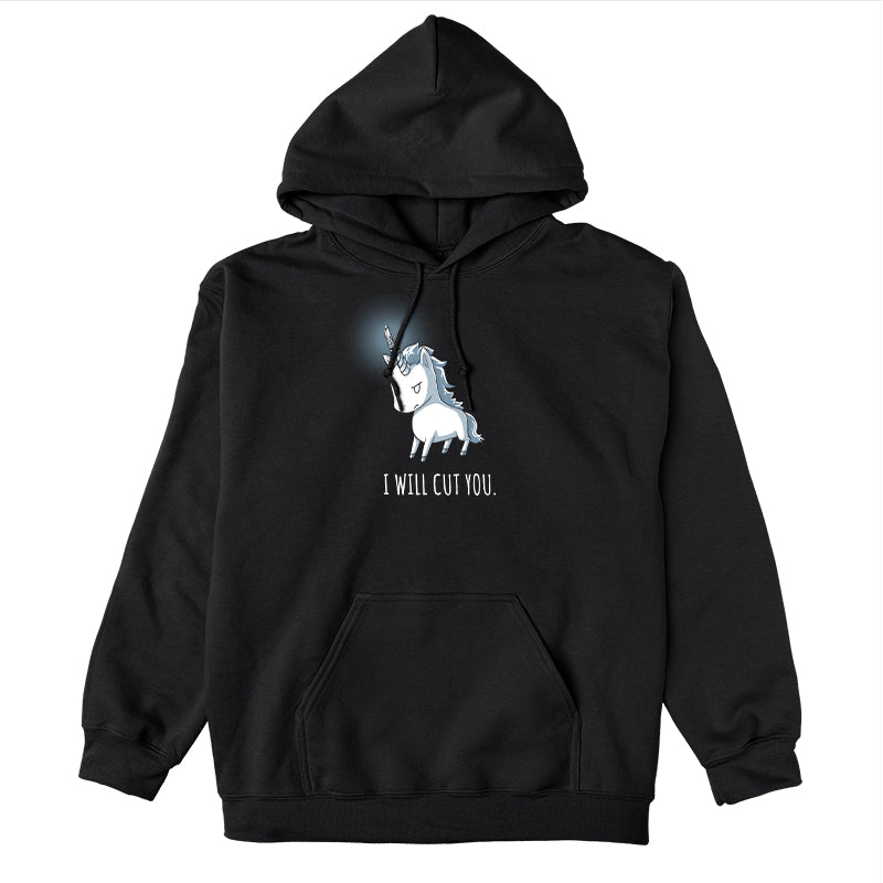 Pullover Hoodie_Black apparel featuring Stabby the Unicorn with a fierce expression and the text "I WILL CUT YOU" printed below. Made from super soft ringspun cotton for ultimate comfort. Product Name: Stabby the Unicorn by brand monsterdigital.